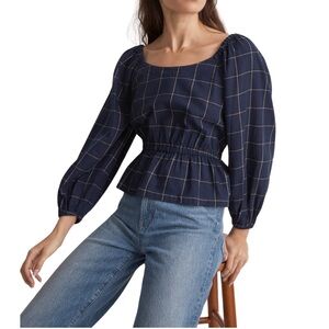 NWT Madewell Scoopneck Peplum Top in Windowpane Size XXS Ballon Sleeeves